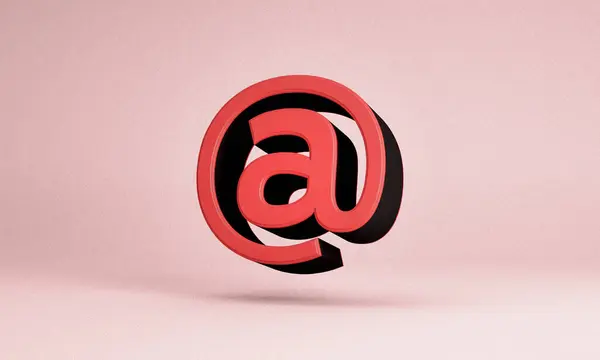 Icon in red color of email address symbol, at sign icon isolated