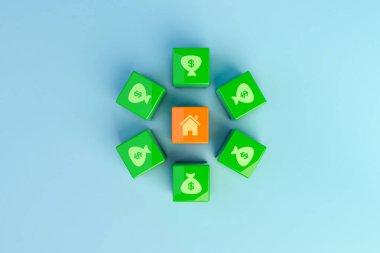 Illustration of a group of green cubes with a house and money symbols on them. 3D illustration. clipart