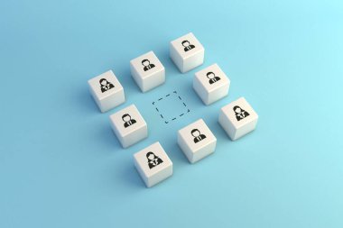 Bir şirketten profesyonelleri temsil eden bir grup kübün tasviri ve merkezde işe almak için uygun bir boşluğu temsil eden bir alan. Eleman arıyoruz. 3B illüstrasyon
