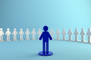 Person standing out in a group, representing leadership and protagonism in the workplace. Ideal for themes of leadership, influence and prominence in teams. 3D illustration clipart