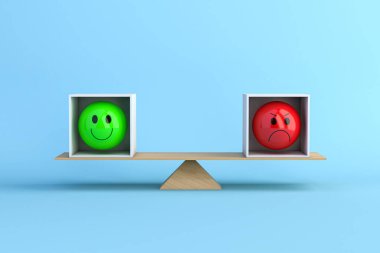 Mutlu ve kızgın emojiyi karşılaştırmak, iş yerindeki motivasyonu ve motivasyonu olmayan insanları sembolize etmek. Üretkenlik, takım yönetimi ve iş memnuniyeti konuları için ideal. 3B illüstrasyon.