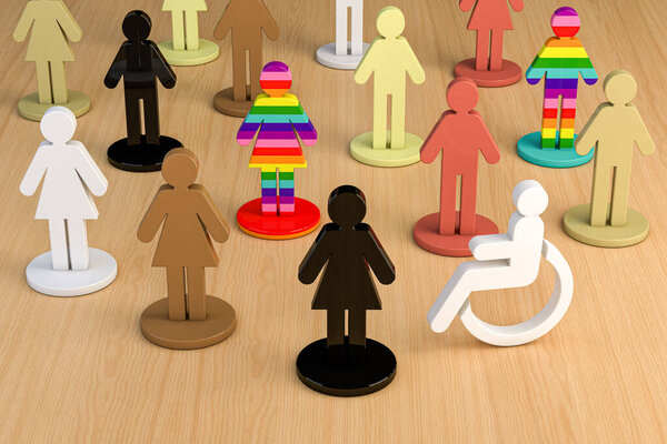 3D illustration of colorful human figures representing diversity and inclusion, with different skin tones and patterns symbolizing equality, respect and unity in a multicultural environment.