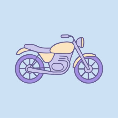 Mavi arka planda, pastel renkli klasik bir motosikletin düz çizgi film çizimi.