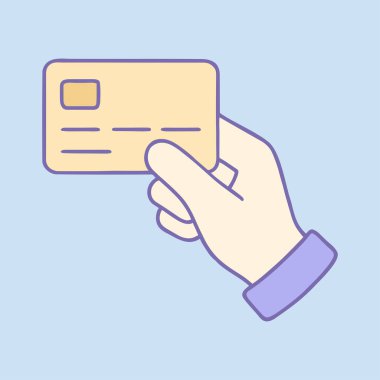 Kredi kartı tutuyor. Pastel renkleri ve basit tasarımı olan düz vektör çizimi