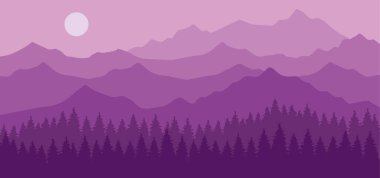 Dağları ve çamları olan mor bir manzara. Vektör illüstrasyonu