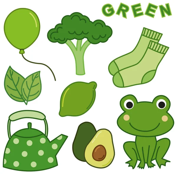 Színeket Tanulni Zöld Színű Zseblámpa Gyerekeknek Különböző Zöld Képekkel — Stock Vector