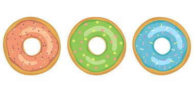 Farklı renkte jöleli üç tatlı çörek seti. Çizgi film stili lezzetli vektör çizimi