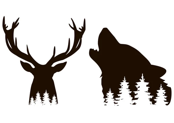 狼和鹿的轮廓 里面有松树的轮廓 矢量黑白插图 — 图库矢量图片