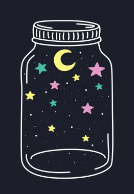 Hilal ayın vektör çizimi ve cam kavanozdaki yıldızlar karalama tarzında