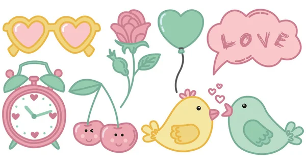 Sevgililer Günü 'nde kuşlar, kirazlar, balonlar ve güllerle çekilen sevimli görüntüler. Vektör illüstrasyonu