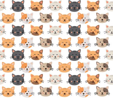 Çizgi filmdeki sevimli kedi kafası pürüzsüz desen. Çizgi film düz tasarım biçim vektör çizimi