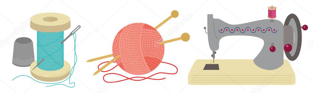 Colorful sewing and needlework logos. Vector illustration of a ball of threads and knitting needles, a sewing machine, a spool of thread and a needle.