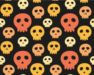 Şirin renkli kafatasları olan kusursuz bir desen. Çizgi film tarzında vektör cadılar bayramı arkaplanı.