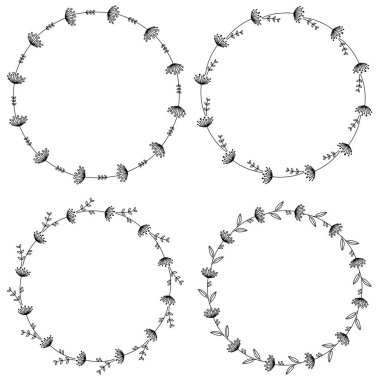 Dört el çizimi çiçek desenli çerçeveler. Çizgi biçiminde vektör yuvarlak çelenkler.