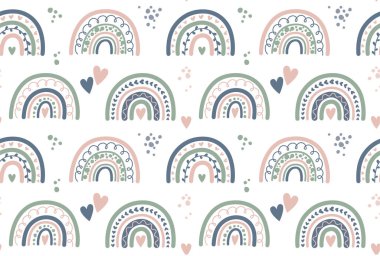 İskandinav boho gökkuşağı desenli kusursuz bir desen. Açık renkli geometrik şekilli vektör karalama biçimi arkaplanı.