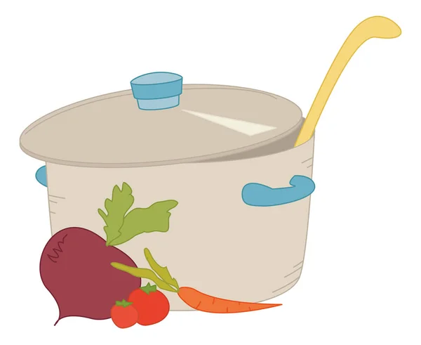 Kolorowa Ilustracja Garnka Barszczem Lub Zupą Warzywami Pobliżu Zdjęcie Wektorowe — Wektor stockowy