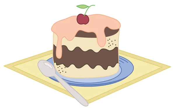 プレートにクリームとチェリーが付いたケーキのカラフルなイラスト 白い背景に隔離されたベクトル画像 — ストックベクタ