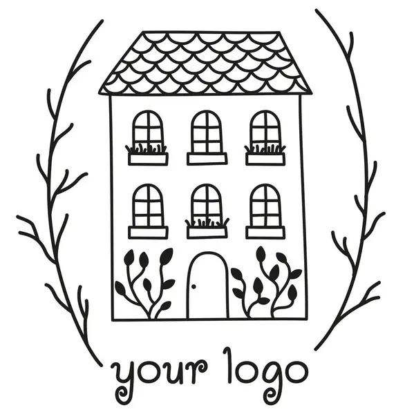 Logo Design Con Disegnato Mano Casa Carina Rami Illustrazione Dello — Vettoriale Stock