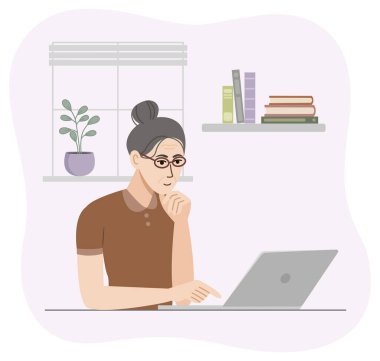 Dizüstü bilgisayarın önünde oturan yaşlı kadın. Konsept, işi, serbest çalışmayı, eğitimi resmetmek için uygun olabilir. Düz stil vektör ilüstrasyonu.