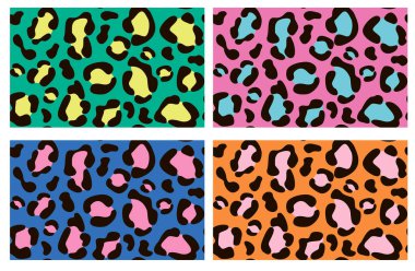Dört renkli leopar derisi pürüzsüz desen. Modaya uygun vektör el, sevimli vahşi hayvan derisi doku koleksiyonu çizmiş.