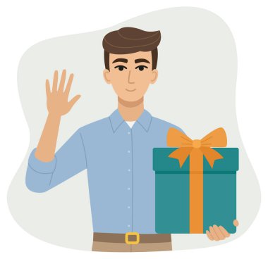 Elinde hediye kutusu olan bir adamın vektör çizimi. Renkli tatil düz konsepti