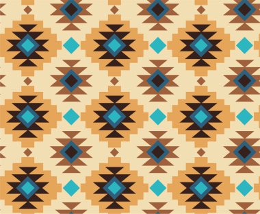 Etnik geometrik kusursuz desen. Bej, mavi ve kahverengi renkli geleneksel Aztek Navajo süsü. Vektör illüstratoin..