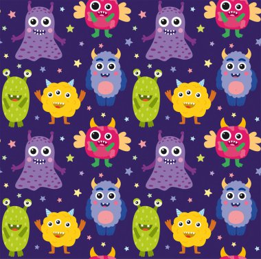 Şirin canavarlarla kusursuz bir düzen. Düz biçimli farklı çizgi film karakterlerine sahip vektör arkaplanı