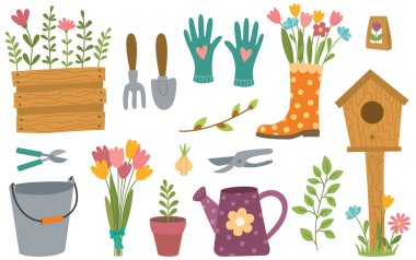 Bahçe malzemeleri koleksiyonu. Bahçıvanlık kavramı. Düz biçimli renkli vektör çizimleri