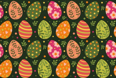 Paskalya yumurtaları ve bahar renk paletindeki yapraklarla kusursuz desen. Düz biçimli vektör renkli arkaplan.