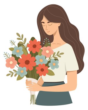 Çiçek buketi olan genç ve tatlı bir kızın vektör çizimi. Düz stili olan güzel bir kadın.