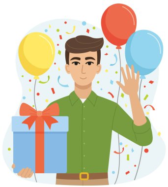 Elinde hediye kutusu olan bir adamın vektör çizimi. Balonlar ve konfetiyle renkli tatil konsepti