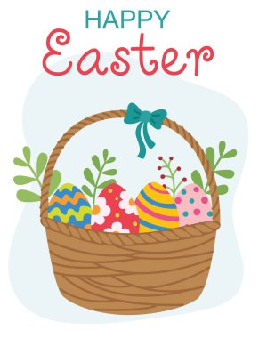 Paskalya yumurtalarıyla dolu bir sepetin vektör çizimi. Düz stil içinde renkli mutlu paskalya konsepti