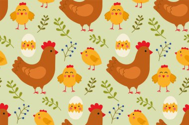 Güzel bir tavuk, civciv ve bitkilerle renksiz bir desen. Vektör karikatür arkaplanı düz stil