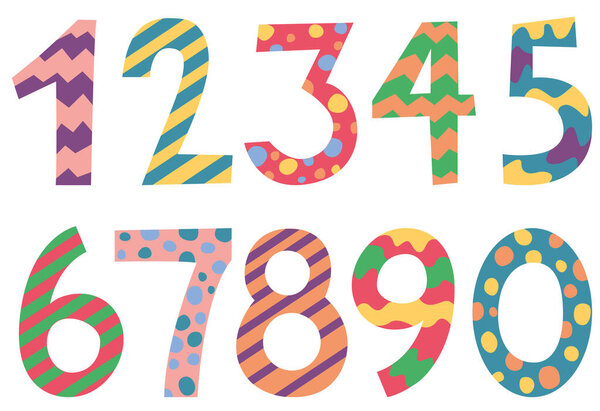 Набор красочных веселых чисел с абстрактным рисунком. Векторная иллюстрация для детей 0-9