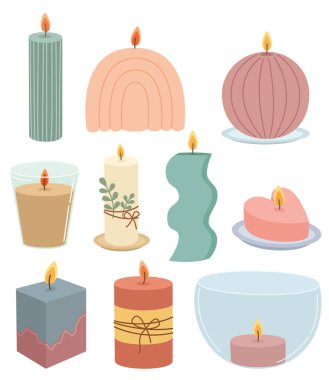 Şirin yanan mum koleksiyonu. Rahatlama ve ev konforu için mumların vektör çizimi