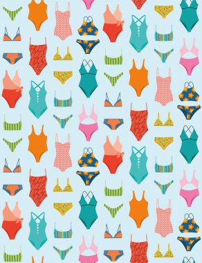 Değişik renklerde mayosu olan kusursuz bir desen. Düz bikinili vektör arkaplanı