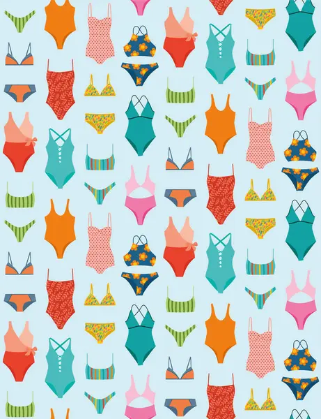 Değişik renklerde mayosu olan kusursuz bir desen. Düz bikinili vektör arkaplanı