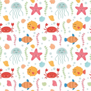 Şirin deniz hayvanlarıyla kusursuz desen. Okyanus altı karakterleri ile bebek vektörü renkli arka plan.