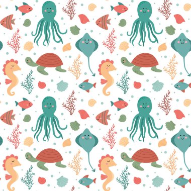 Şirin deniz hayvanlarıyla kusursuz desen. Okyanus altı karakterleri ve kabukları ile çocuksu bir arka plan..