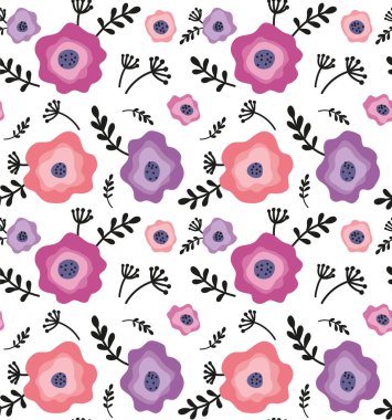 Çiçekler ve dallarla renksiz desen. Karalama biçiminde vektör soyut arkaplanı