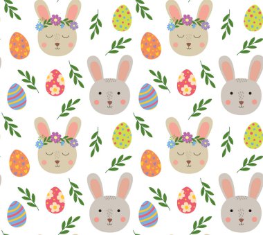 Tavşancıklar, paskalya yumurtaları ve bitkilerle renksiz desenler. Vektör karikatür arkaplanı düz stil