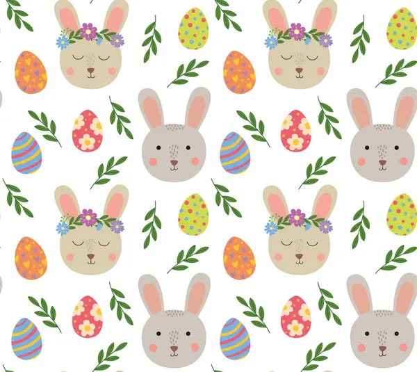 Tavşancıklar, paskalya yumurtaları ve bitkilerle renksiz desenler. Vektör karikatür arkaplanı düz stil