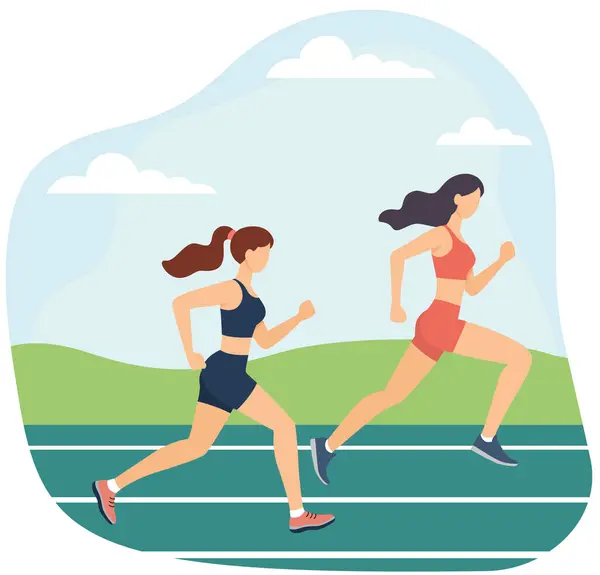 İki bayan sporcunun vektör illüstrasyonu koşuyor. düz stil spor müsabakalarının başlangıcı