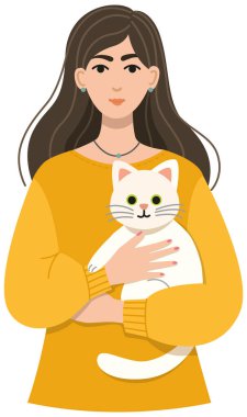 Elinde kedisi olan bir kadının vektör çizimi. Kız ve evcil hayvanın düz bir tarzı var.