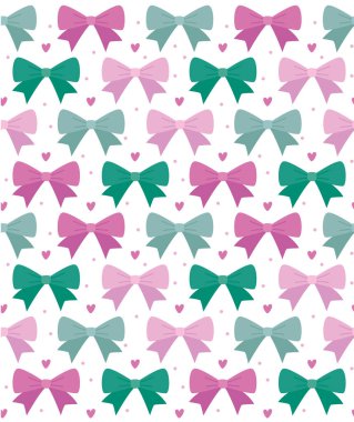 Pembe ve turkuaz renkli şirin fiyonklu kusursuz desen. Düz biçimli vektör arkaplanı