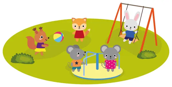 Cute Animals Playing Playground Hand Drawn Vector Illustration Flat Style — Stock Vector