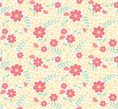 Kırmızı ve sarı çiçekli ve yapraklı pürüzsüz renkli desen. Vektör karikatür arkaplanı düz stil