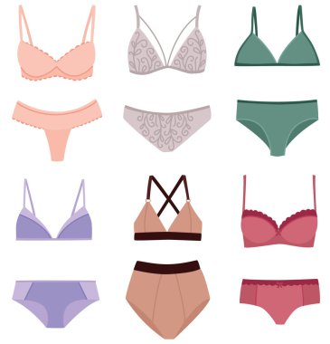 Kadın iç çamaşırı seti illüstrasyonu. Düz stil iç çamaşırı, sutyen ve külot koleksiyonu