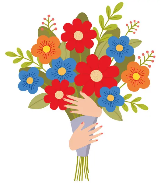 Női Kezek Egy Nagy Virágcsokrot Tartva Vektor Színes Illusztráció Lapos Jogdíjmentes Stock Illusztrációk