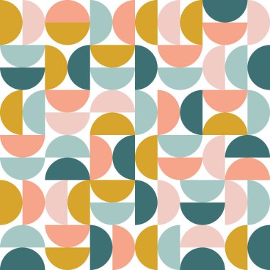 Soyut geometrik dizaynlı, kusursuz renkli Bauhaus deseni. Düz biçimli vektör arkaplanı